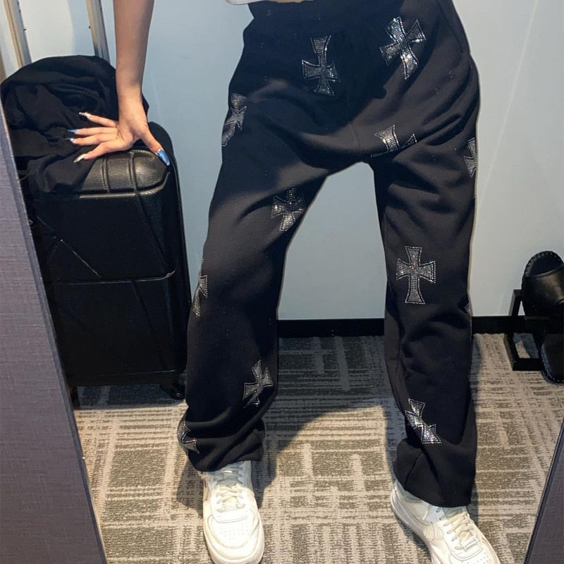 Jogging Pants with Rhinestone Crosses