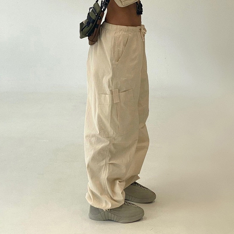 Beige Parachute Cargo Pants